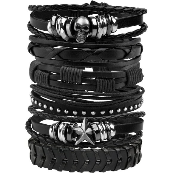 6Pcs Punk Leather Bracelets Women Men Braided Skull Accessories Adjustable - Picture 1 of 7